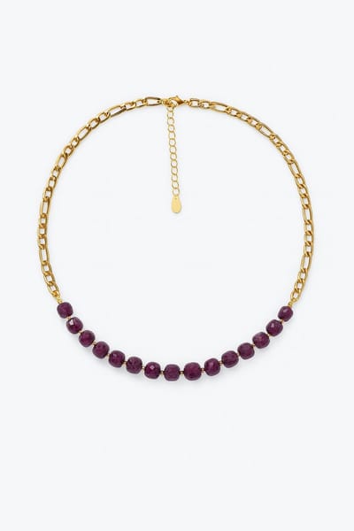 Ketting met granaatsteen – stainless steel goudkleurig - Rood/Paarse natuurstenen - Schakelketting - The Jewellery Salon