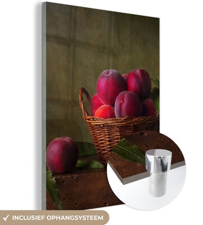 MuchoWow® Glasschilderij 120x160 cm - Schilderij acrylglas - Mand - Pruim - Roze - Rustiek - Fruit - Stilleven - Foto op glas - Schilderijen