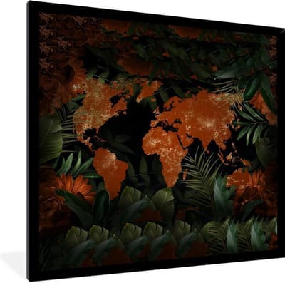 Fotolijst incl. Poster - Wereldkaart - Goud - Rood - 40x40 cm - Posterlijst