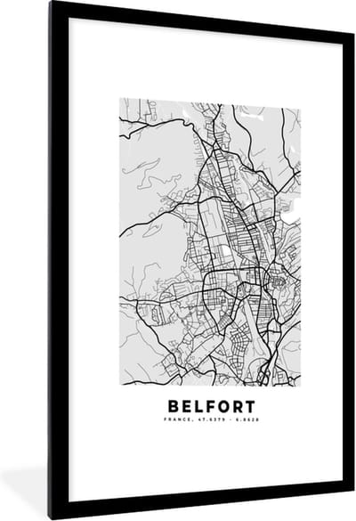 Fotolijst incl. Poster - Frankrijk – Belfort – Stadskaart – Plattegrond – Kaart - 60x90 cm - Posterlijst