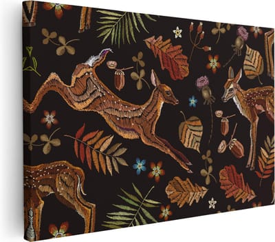 Artaza Canvas Schilderij Herten Borduurstijl - 30x20 cm - Klein - Muurdecoratie Bloemen - Wanddecoratie Herfst - Kamer Accessoires
