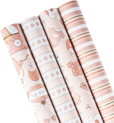 Inpakpapier Rollen - Cadeaupapier Sets - Babyshower Cadeaus - Rasterlijnen Voor Recht Knippen - 4 Rollen 30x120 Inch - Veelkleurig Roze