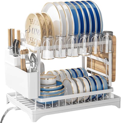 Tweelaags Wit Afdruiprek – 42 cm L × 30 cm B × 29 cm H – Montage in een handomdraai zonder hulpmiddelen – Robuuste constructie met ruime opbergruimte – Geleverd met wateropvangbak, bestekhouder en snijplankhouder
