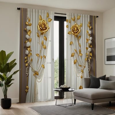 2 pièces HD or rose rideau décoratif Rideau blanc à nouer imprimé numérique Décoration de style décoration intérieure salon chambre r W52H63inchW132H160cm white
