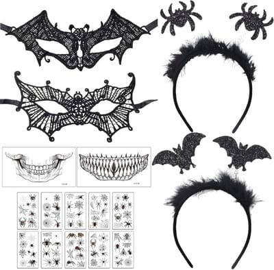 Halloween kostuum accessoires met spinnenhaarband, vleermuis oogmasker en tattoostickers voor feesten, carnaval en cosplay