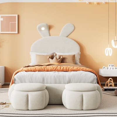 Eenpersoonsbedden - 90x200cm - Gestoffeerd Bed Met Konijnenoren - Verstelbare LED Lichtstrip - Met 2 Opbergkrukken - Hout + Fluweel - Beige