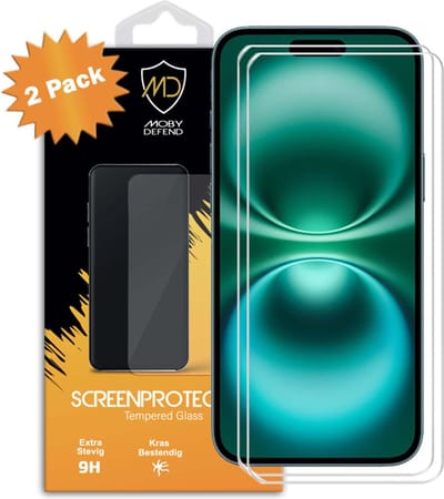 2-Pack MobyDefend Screenprotectors - Geschikt voor iPhone 16 Plus - Case-Friendly Screensavers - Gehard Glas