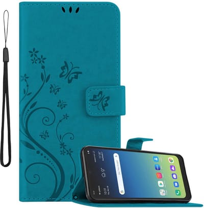 Cadorabo Hoesje geschikt voor LG K40S in BLOEMEN BLAUW - Beschermhoes in bloemmotief met magnetische sluiting, standfunctie en kaartsleuven Book Case Cover Etui