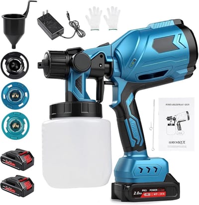 SnelShoppen - Draadloze Verfspuit - 500 W Elektrische Verfspuit met 1000 ml Tank, 3 Spuitmonden en 3 Cartridges voor Tuinhuisjes, Meubels, Hekken en M