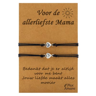 Moeder Dochter Armbandjes voor 2 "Voor de allerliefste Mama" - Kleine Hartjes - BFF Armbandjes met Cadeau Kaartje - Zwart & Zilverkleurig - Elastisch Verstelbaar - Pax Amare