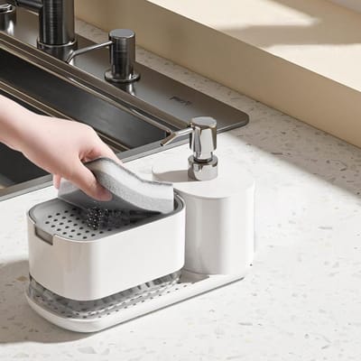 Hand- en Dish-zeepdispenserset met zeepdispenser en vaatdoekhouder in html-inhoud vaatdoekhouder
