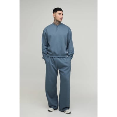 Lang Oversized Boxy Henley Sweatshirt En Wijde Pijpen Joggingbroek | Slate | Size Small