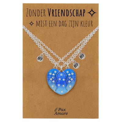 BFF Ketting voor 3 'Zonder Vriendschap mist een dag zijn kleur' - Magnetisch Blauw Hartje - Vriendschapsketting op Cadeau Kaartje - 45cm + 5cm verstelbaar - Zilverkleurig - Best Friends Hanger - Pax Amare