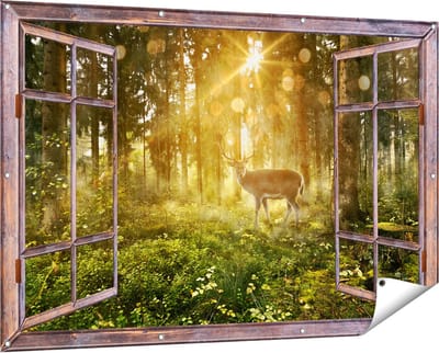 Gards Tuinposter Doorkijk Hert in Bos met Zon - 150x100 cm - Tuindoek - Tuindecoratie - Wanddecoratie buiten - Tuinschilderij