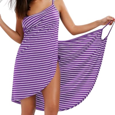 Zomer Sexy Strandjurk Dames – Gebreide Gestreepte Sling Jurk, Casual Strandvakantie Jurk, Zomerkleding Trend - Paars - Maat S