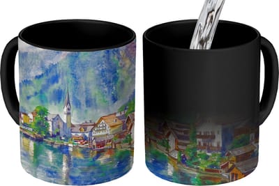 Magische Mok - Foto op Warmte Mokken - Koffiemok - Schilderij - Olieverf - Huis - Bergen - Water - Magic Mok - Beker - 350 ML - Theemok