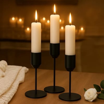 Set van 3 Zwarte Metalen Kandelaars - Minimalistische Houder voor Dinerkaarsen