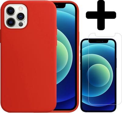 Hoesje - Met Screenprotector - Geschikt voor Apple iPhone 12 Pro - Sterk & Shockproof - Telefoon Hoes - Back Cover - Siliconen Case - Telefoonhoes - Rood