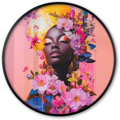 Poster in lijst Rond - Fotolijst 60x60 cm - Posters - Kleurrijk - Bloemen - Vrouw - Zon - Ronde posterlijst zwart - Decoratie - Wanddecoratie woonkamer - Muurdecoratie slaapkamer