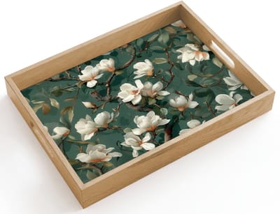 Dienblad hout 40x30 cm - Schootdienblad - Bloemen - Takken - Wit - Klassiek - Borrelplank rechthoek - Plateau dienbladen