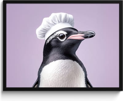 Fotolijst inclusief poster - Posterlijst 80x60 cm - Posters - Pinguïn - Koksmuts - Lief - Paars - Foto in lijst - Keuken decoratie muur - Wanddecoratie accessoires - Muurdecoratie - Schilderijen