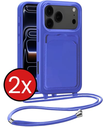 Hoesje Geschikt voor iPhone 17 Pro / 18 Pro Hoesje Met Telefoonkoord en Pasjeshouder Siliconen - Hoes Geschikt voor iPhone 17 Pro / 18 Pro Hoesje Met Kaarthouder Case - Felblauw - 2 PACK