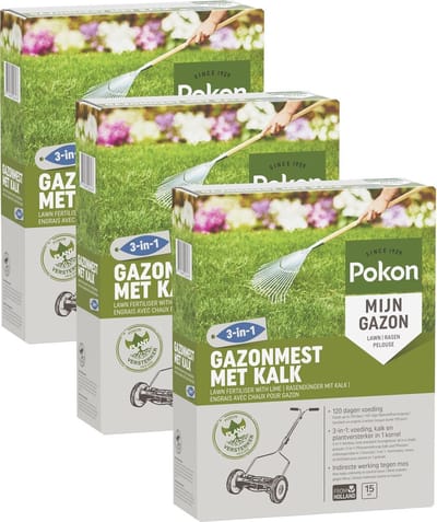 Pokon Gazonmest met Kalk - 3 x 1kg - Mest - Geschikt voor 3 x 15m² - 120 dagen voeding