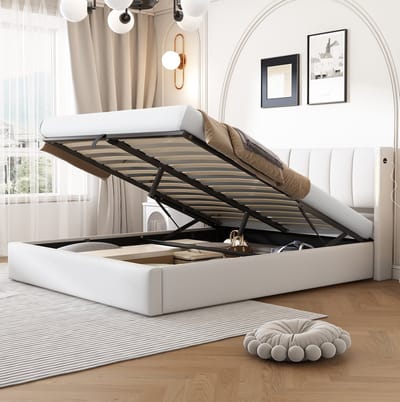 MEUNIQ gestoffeerd bed 140 x 190 cm met opbergruimte, LED-verlichting, USB-aansluiting, verstelbaar hoofdeind en lattenbodem, tweepersoons bedframe voor slaapkamer, wit