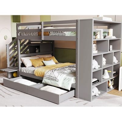 ModernLuxe Houten stapelbed 90x200cm - met 2 lades & boekenkast - Grijs