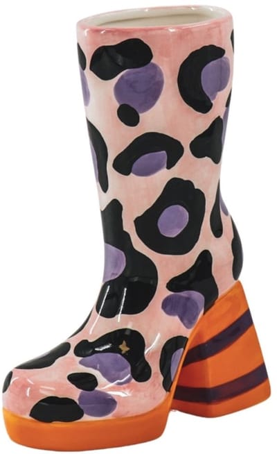 Housevitamin Bloemenvaas Laars met Luipaardprint – Keramische Design Vaas – Roze / Oranje – 24 cm