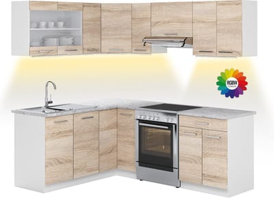 Vicco Hoekkeuken R-Line, Sonoma/Wit, 207 x 167 cm, WB Marmer met LED-strip