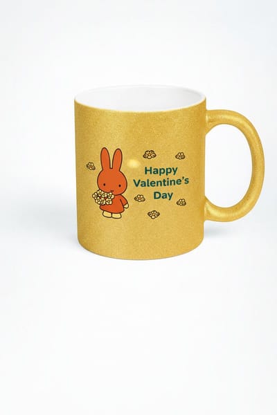 Gouden Glitter Valentijnsdag Mok met Konijn en Happy Valentine's Day Print
