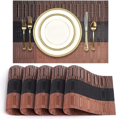 Placemats, afwasbaar, pvc, hittebestendig: 6 placemats, gripvast, hittebestendig, placemats voor thuis, restaurant, keuken, eettafel (45 x 30 cm), bruin/zwart