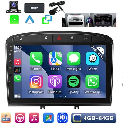ESSGOO Carplay autoradio voor Peugeot 308 408 2007 t/m 2013 - Android 15 - 4 + 64 GB - Draadloos Apple Carplay & Android Auto - Bluetooth & Wifi RDS FM Navigatie - Achteruitrijcamera - DAB+ - Microfoon