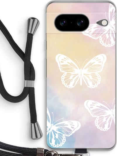 Case Company® - Hoesje met koord geschikt voor Google Pixel 8 hoesje met Koord - White butterfly - Telefoonhoesje met Zwart Koord - Bescherming aan alle Kanten en Over de Schermrand