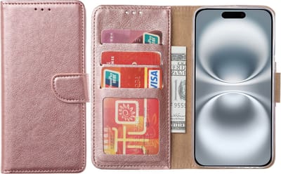 Hoesje Geschikt voor iPhone 16 Plus – Arara bookcase met pasjeshouder - Rosegoud