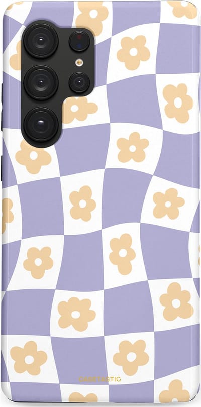Casetastic hoesje geschikt voor Samsung Galaxy S25 Ultra - Dubbellaagse bescherming - Kronkelende madeliefjes - Fashion Case - Lila Wit Zand Lichtgrijs