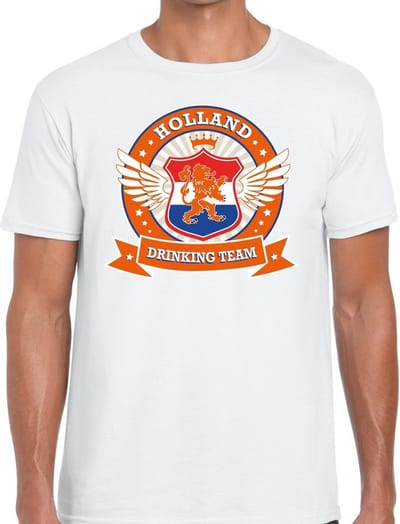 Wit Holland drinking team t-shirt / t-shirt oranje accenten heren - Nederland/supporter kleding S