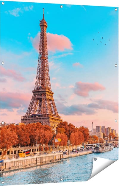 Gards Tuinposter Eiffeltoren in Parijs aan het Water - 90x120 cm - Tuindoek - Tuindecoratie - Wanddecoratie buiten - Tuinschilderij