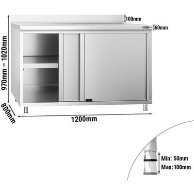 GGM Gastro Edelstahl Arbeitsschrank PREMIUM - 1200x800mm - mit Schiebetür & Aufkantung Zilver