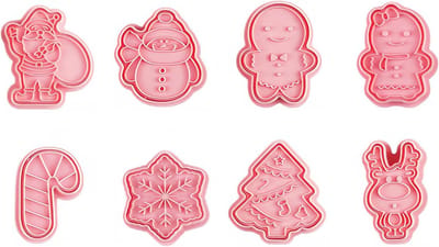 Set van 8 Kerst Koekjesuitsteekvormpjes, Plastic Mallen voor Kinderen, 3D Koekjesvormen voor Feestdagen en Bakplezier