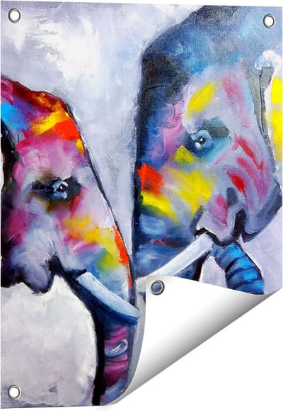 Gards Tuinposter Twee Getekende Olifanten - Abstract - 40x50 cm - Tuindoek - Tuindecoratie - Wanddecoratie buiten - Tuinschilderij