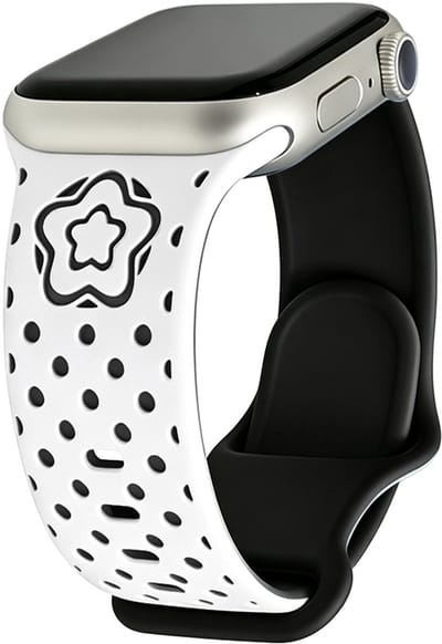 Stravo Dubbellaags Siliconen Dames Bandje met Uitgesneden Sterpatroon – Zacht & Lichtgewicht – Geschikt voor Apple Watch 46mm (Series 11/10), 45mm (Series 9/8/7), 44mm (Series 6/5/4, SE 3/2/1), 49mm (Ultra 3/2/1) – Wit / Zwart