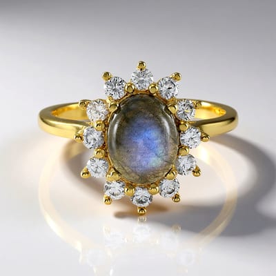 Cavill - Zilveren Vergulde Ring met Ovale Labradoriet 2,60 ct en 12 Zirkonia 1,05 ct - 925 Sterling Zilver - Elegant Bloemen Design - Dames Ring