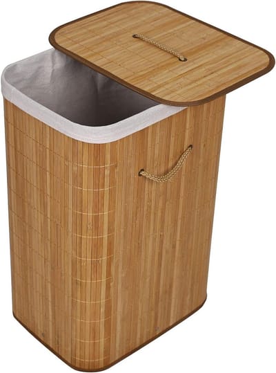 RFWR® Bamboe wasmand 72 liter met deksel en linnen waszak – Rechthoekige wasbox met handvaten