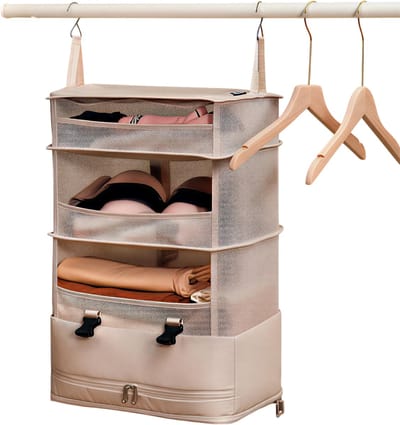 Multifunctionele Drielaagse Hangende Reis Opbergtas – Khaki – Closet Organizer voor Kleding en Huishoudelijke Benodigdheden – Ruimtebesparende Hangende Kast Organiser voor Thuis en Reizen