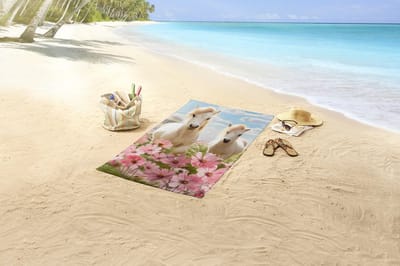 Strandlaken voor Kinderen 75x150 cm - Witte Paarden en Bloemen Print - Roze - Good Morning - Oeko-Tex Gecertificeerd