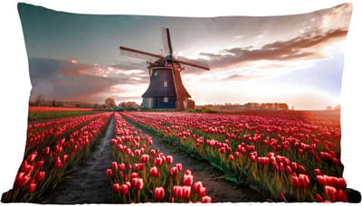Sierkussens - Kussentjes Woonkamer - 60x40 cm - Molen - Zonsondergang - Tulpen - Rood