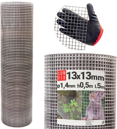 LUN FIX - Draadgaas fijnmazig 13x13 mm - 0,5x5 m - 1,4 mm - Woelratgaas