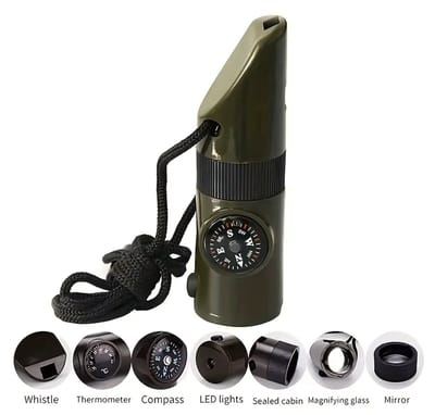 *** Noodfluit - 7-in-1 met kompas en thermometer - Voor alle avonturiers en outdoor liefhebbers - Heble® Noodfluit ***